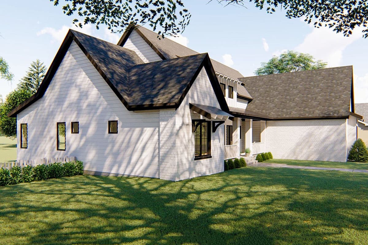 Modern farmhouse house plan exterior with gables, white siding, brick accents, and a covered front porch.