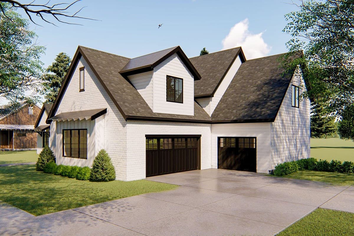 Modern Farmhouse house plan exterior with white brick and siding, gable dormers, and a three-car garage.