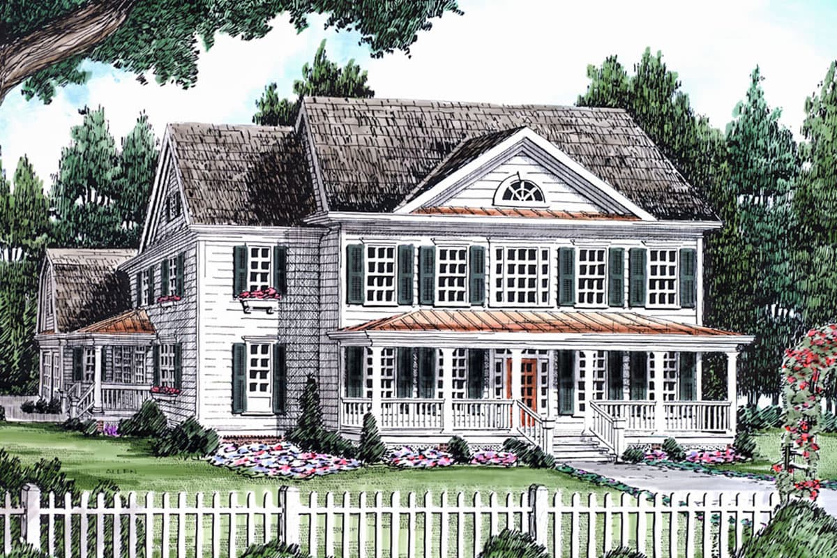 House plan exterior. Two-story Colonial with a front porch, gabled roof, and multiple dormers. Features include shutters and a cupola detail.