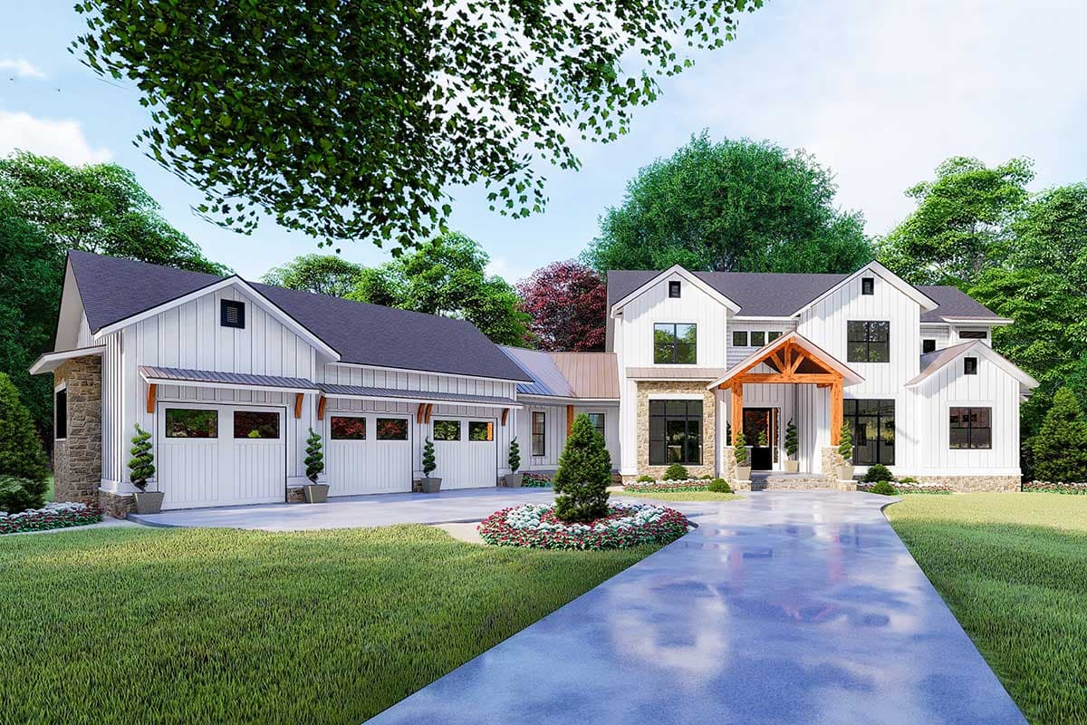 House plan exterior. Modern Farmhouse style with two stories, gabled rooflines, stone accents, and a covered porch. Attached garage.