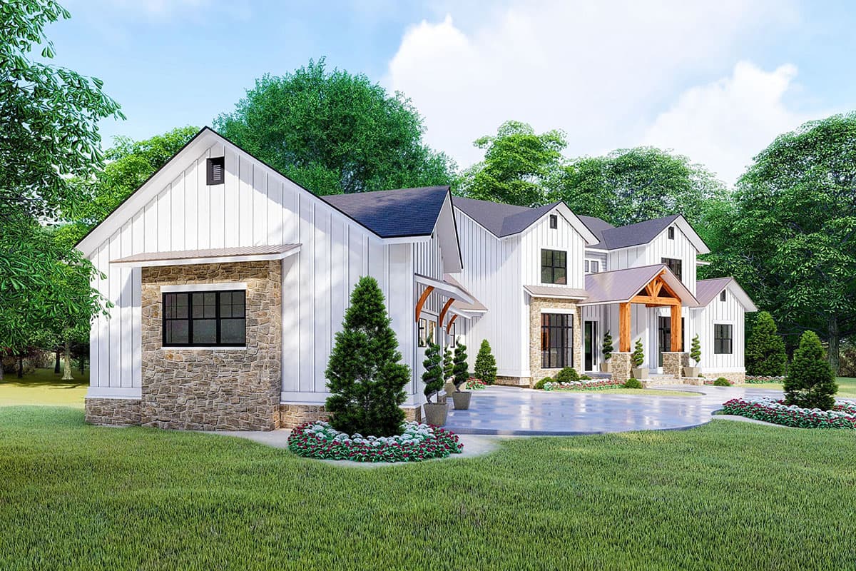 Modern Farmhouse house plan exterior, two stories, white board-and-batten siding, stone accents, and gabled dormers.