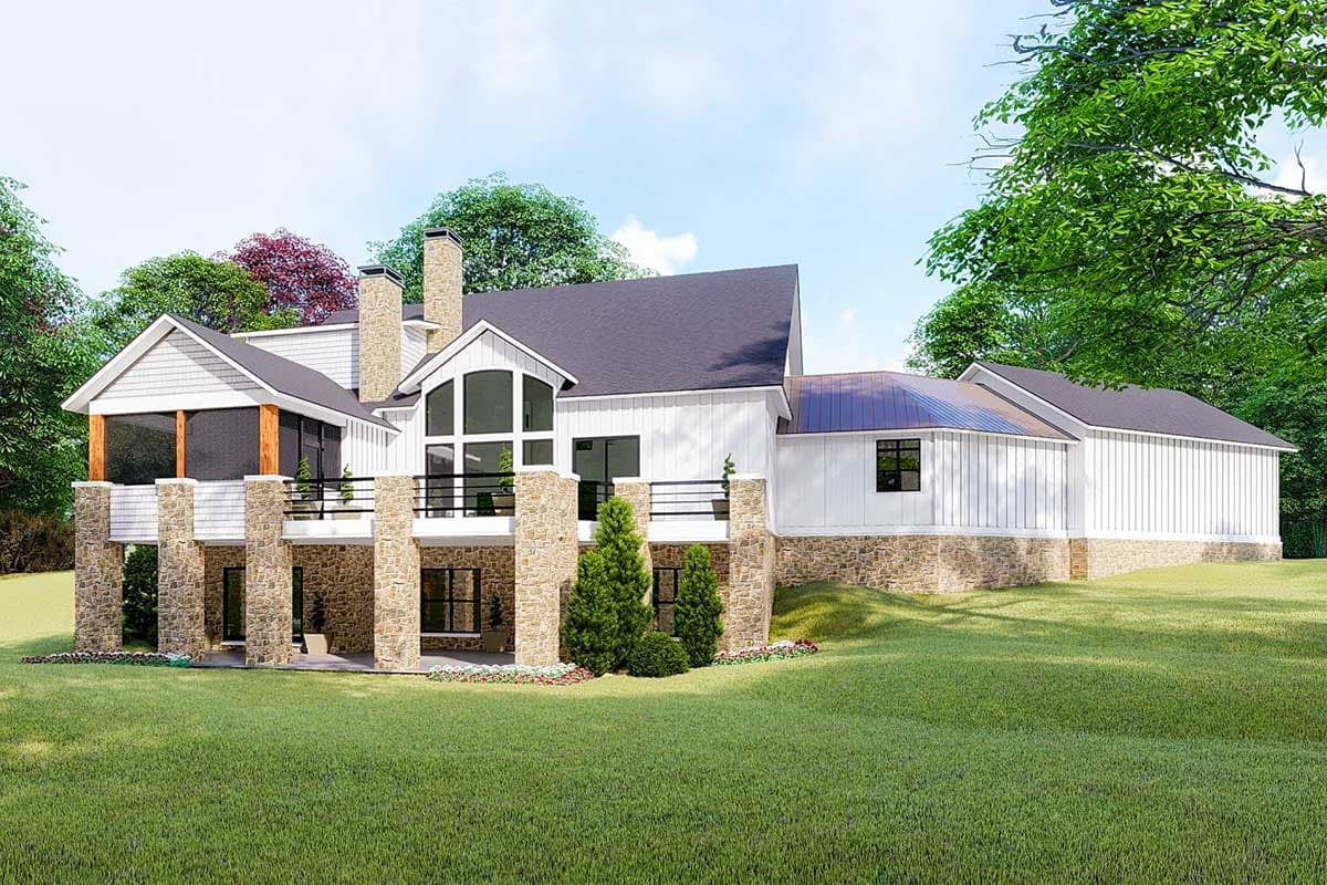 House plan exterior: Modern Farmhouse style, two stories, white board-and-batten siding, stone base, gables, and screened porch.