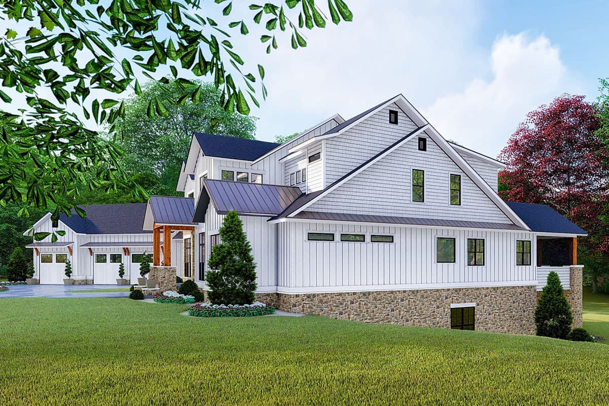 Modern Farmhouse house plan exterior with stone foundation, multiple gables, a covered porch with timber supports, and a three-car garage.