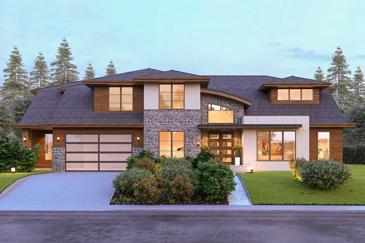 House plan exterior with stone and wood siding, two stories, and multiple dormers. Features include a glass garage door and mixed rooflines.