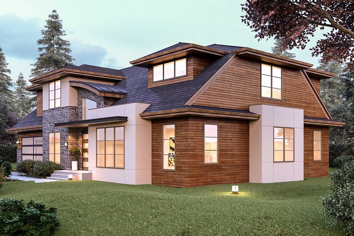 House plan exterior: Modern two-story home with stone accents, wood siding, and multiple gables.