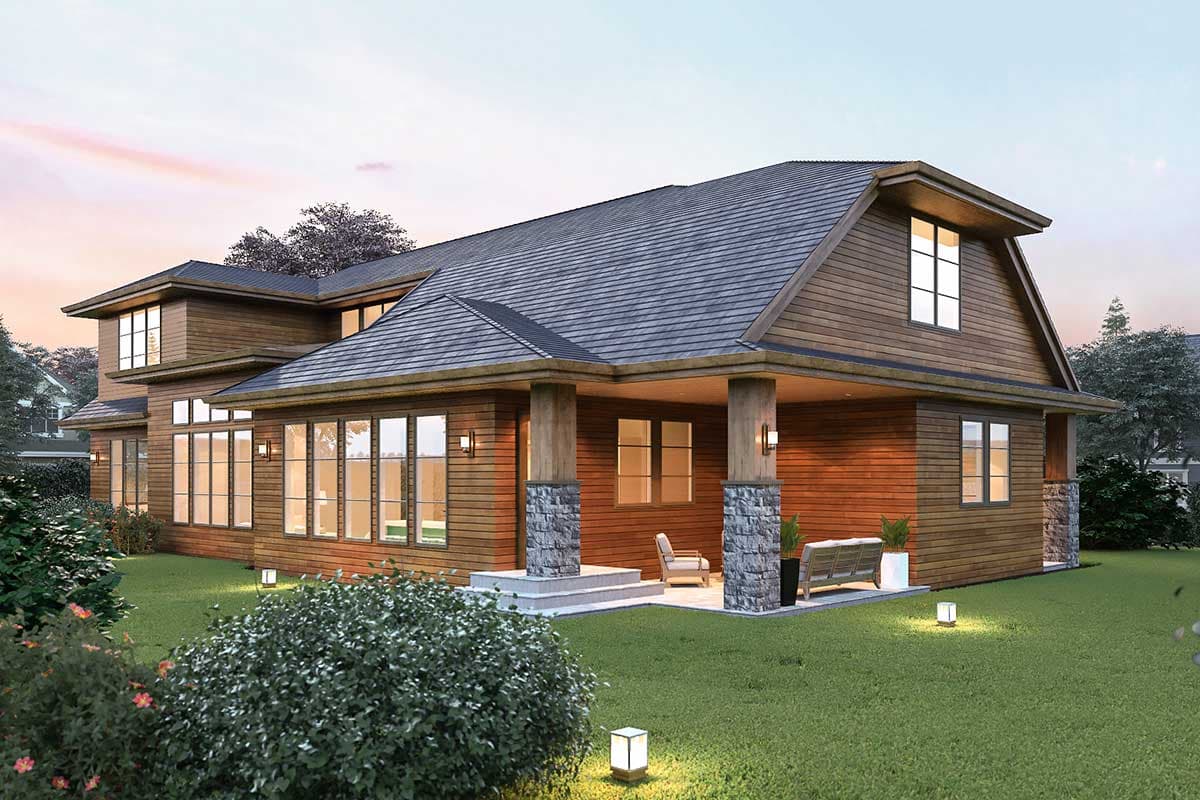 Modern house plan exterior with wood siding, stone accents, covered porch with columns, and large windows.