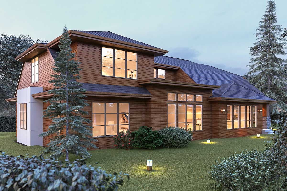 House plan exterior: Modern design with wood siding, large grid windows, multi-level gables, and a dark shingle roof.