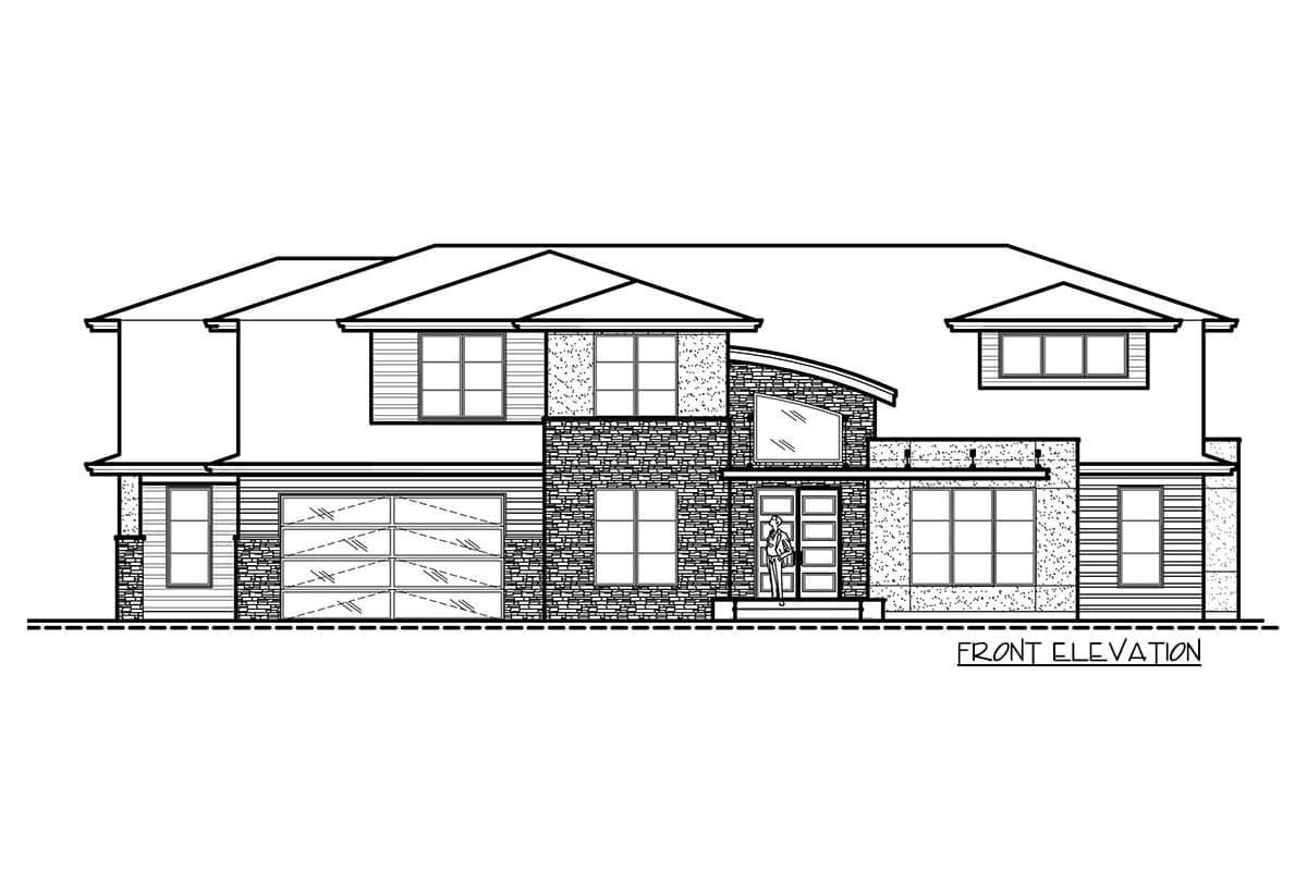 Front elevation drawing of a two-story house with a layered roofline, stone accents, large windows, and an attached garage.