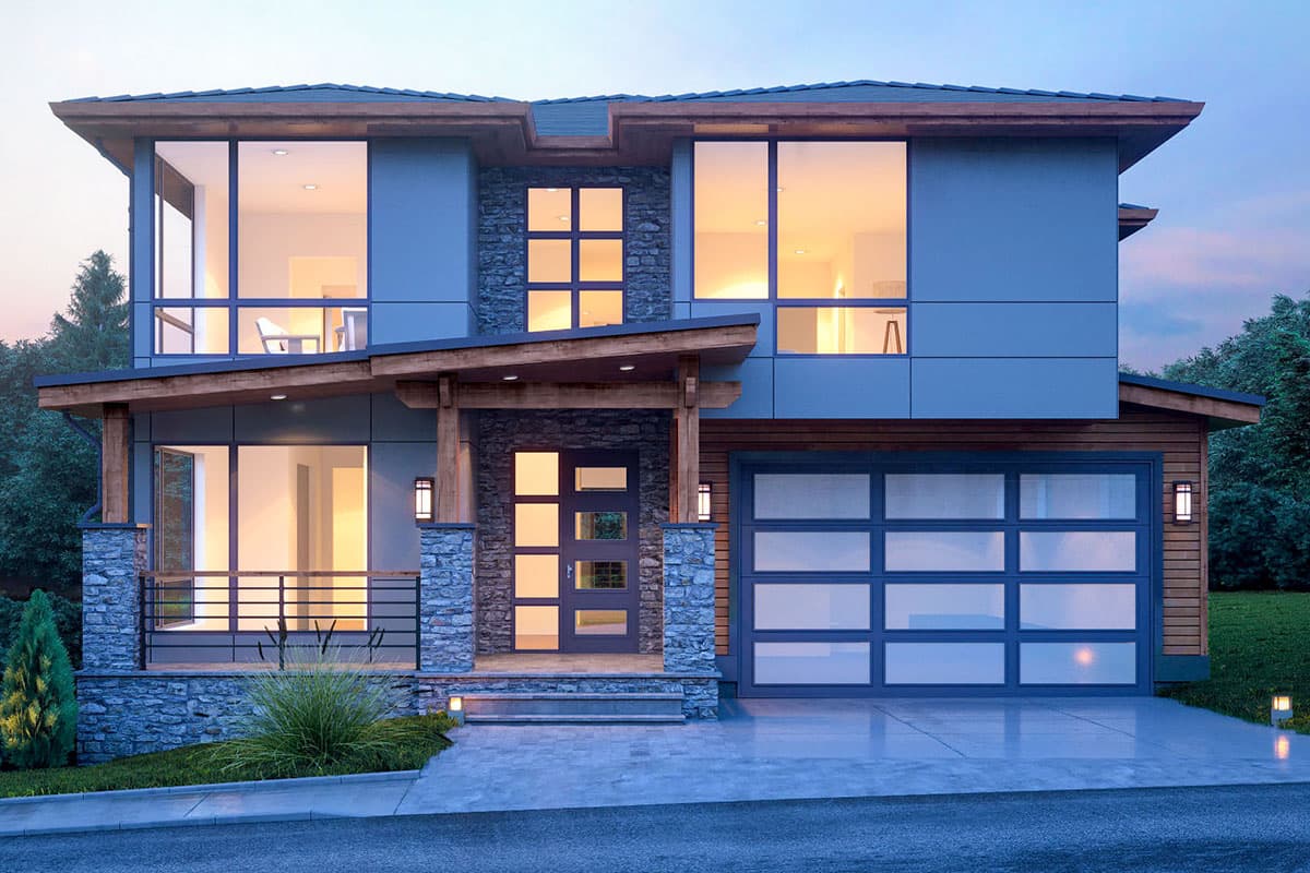 Modern house plan exterior with two stories, stone accents, a covered porch, and a glass-paneled garage door.