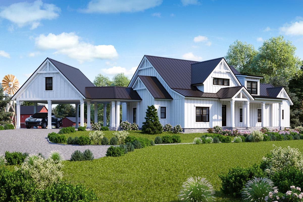 House plan exterior. Two-story Modern Farmhouse with gables, a covered porch, and a detached carport with a black metal roof.