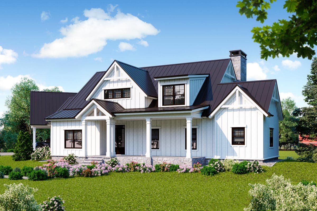 Modern Farmhouse house plan exterior with white board and batten siding, dark metal roof, gables, dormers, and covered porch.