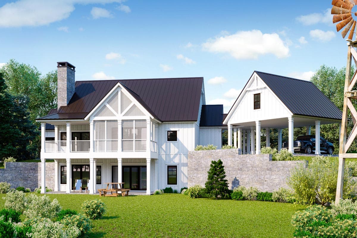Modern Farmhouse house plan exterior with white board and batten siding, dark metal roof, screened porch, and porte-cochère.