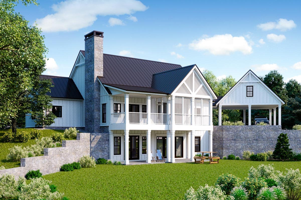 House plan exterior: Modern Farmhouse style with stone chimney, two-story screened porch, and detached two-car porte-cochère.