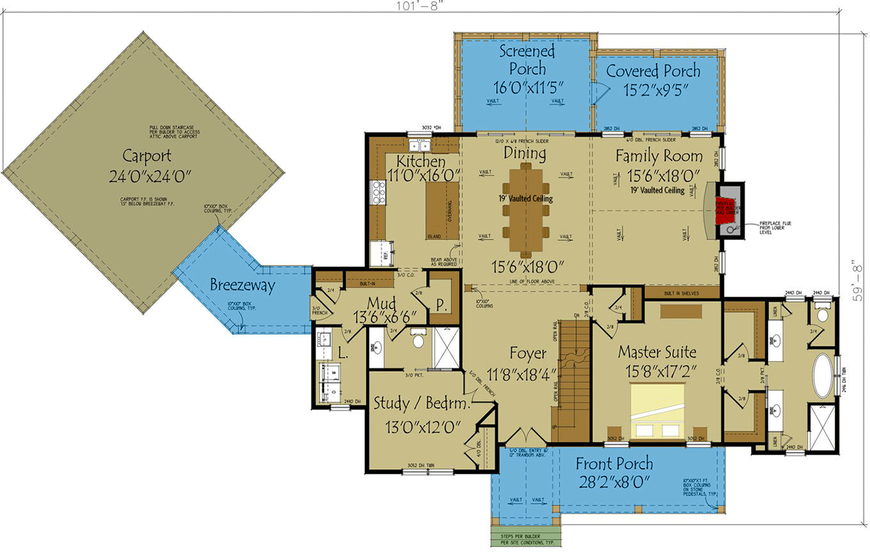 Plan 92384MX: 2900 Square Foot Modern Farmhouse Plan with Carport and Lower Level Expansion - Floor Plan - Main Level - Country, Craftsman, Farmhouse, Modern Farmhouse, New American, Southern, Traditional