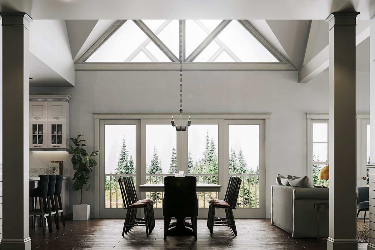 Interior rendering showing an open-concept dining and living area with vaulted ceilings, large windows, and a kitchen island.