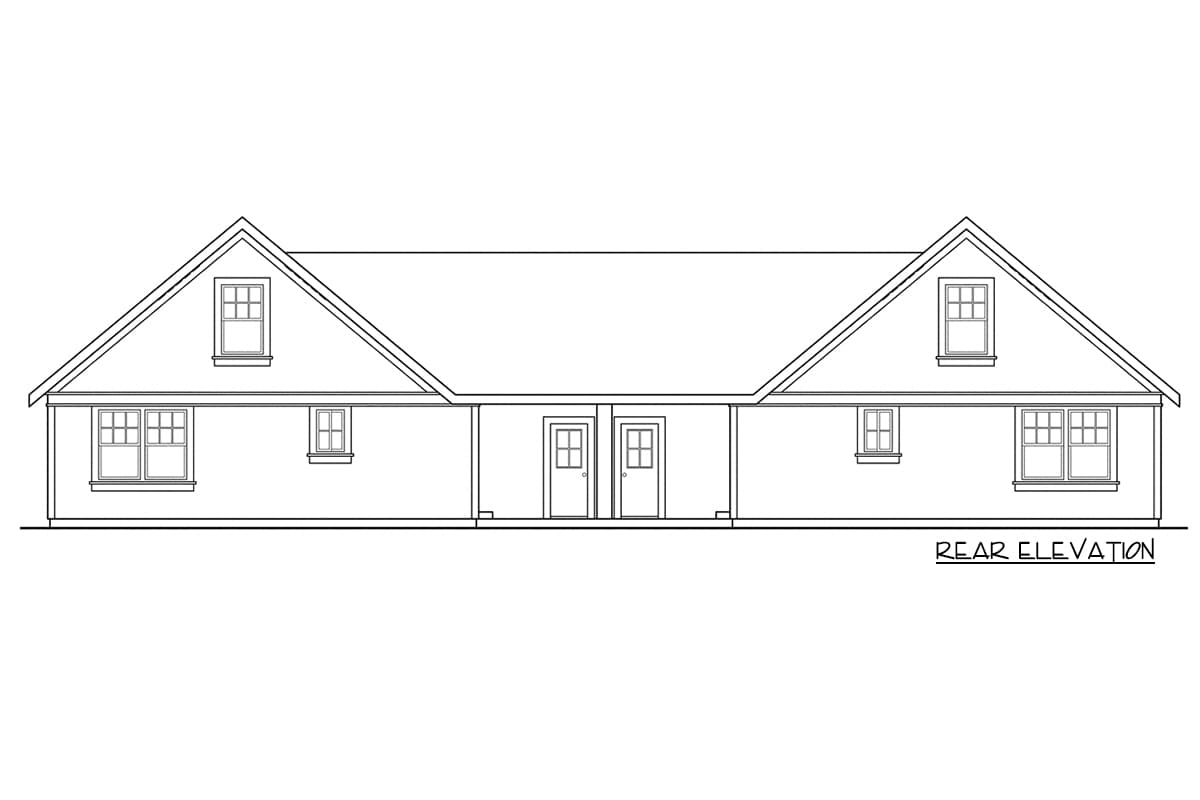 Rear elevation drawing of a one-story house plan with symmetrical gables, dormer windows, and double doors.