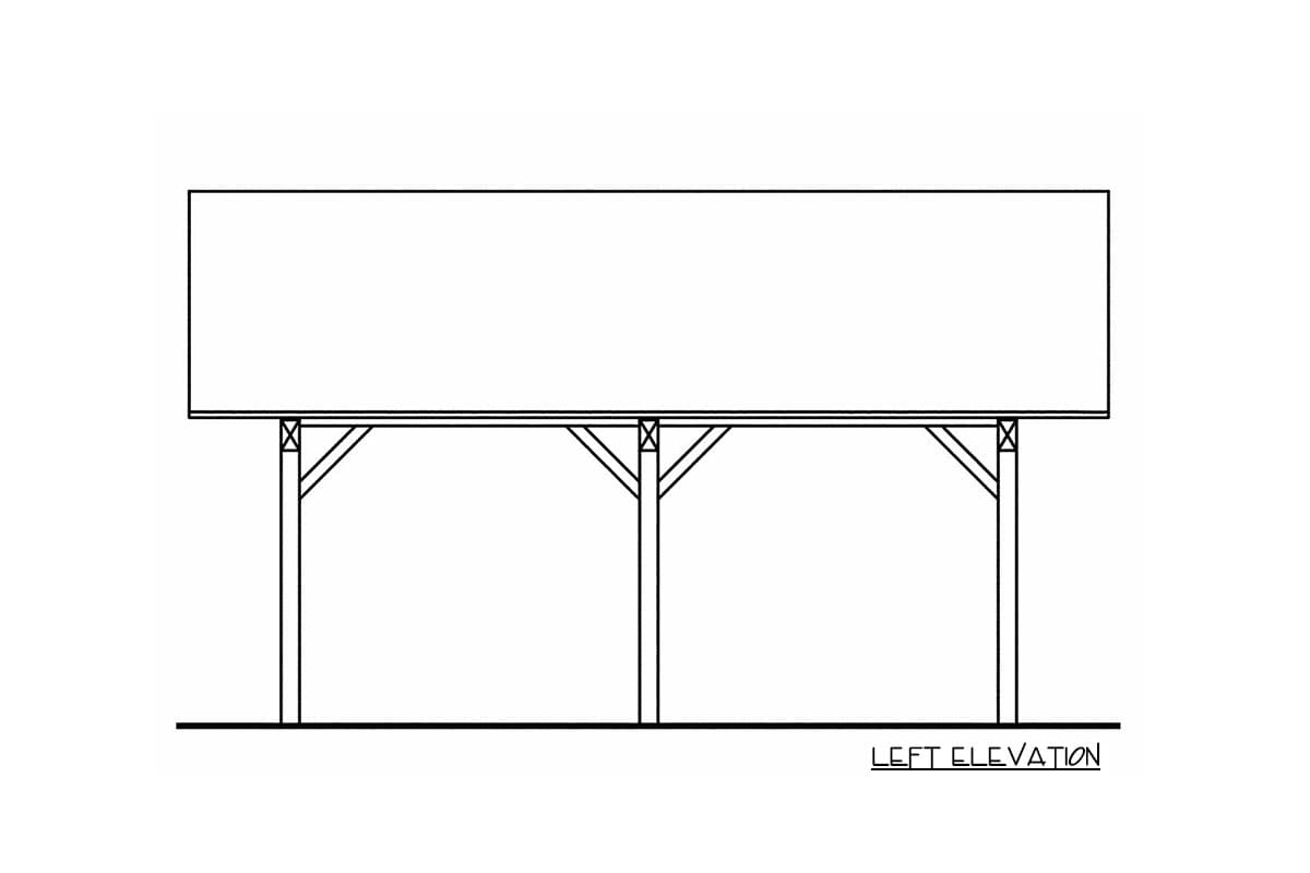 Left elevation drawing of a house plan showing a porch with three posts and diagonal supports.