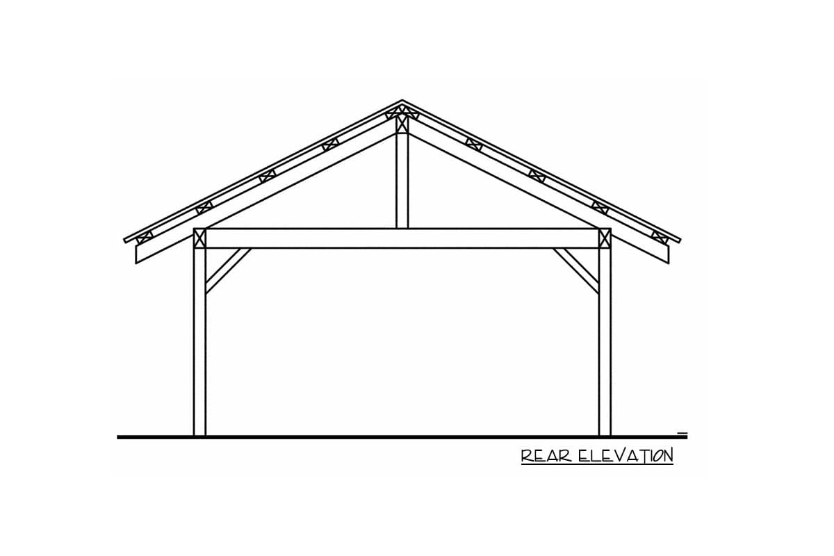 Rear elevation drawing of a gable roof structure with exposed rafters and support beams.