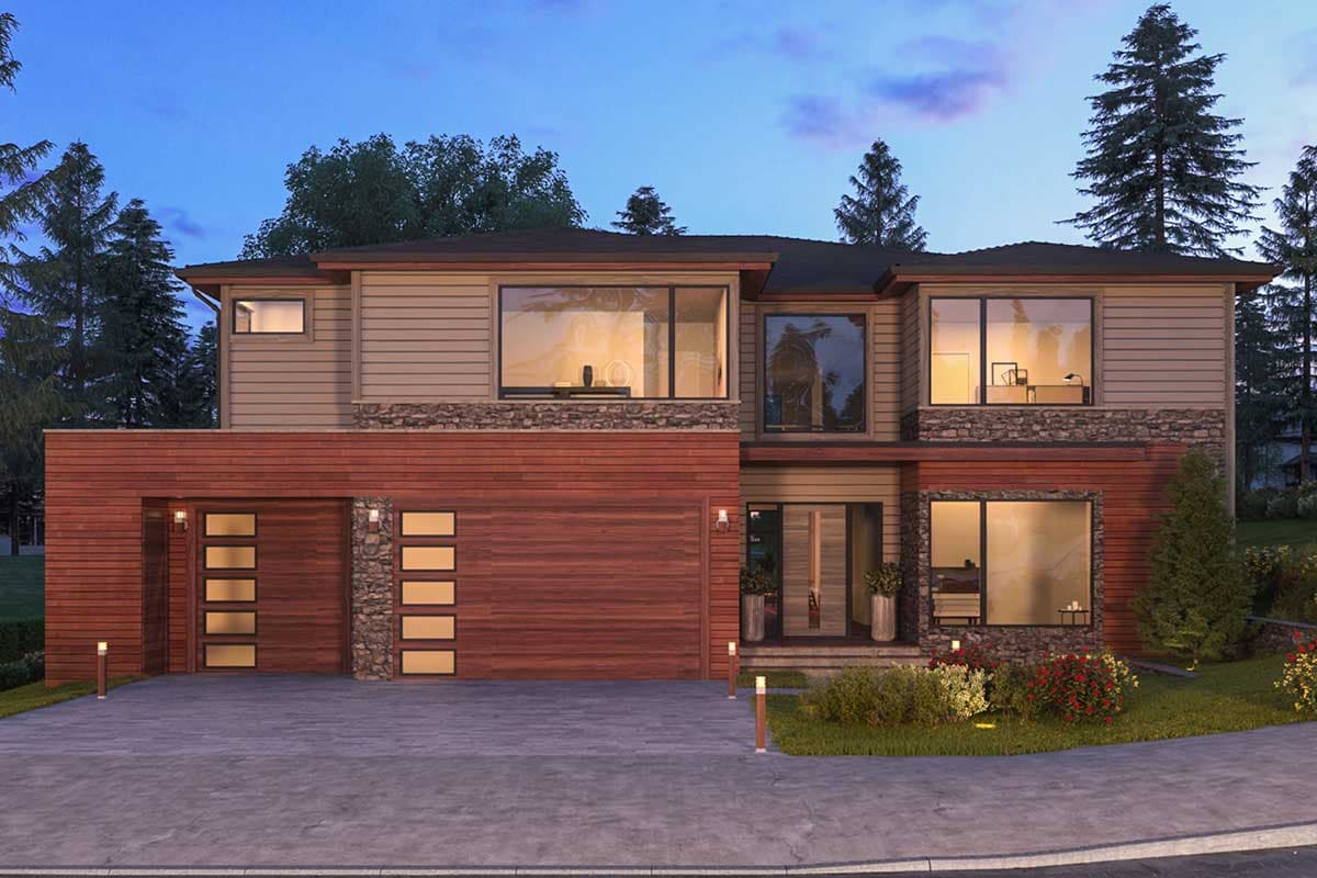 House plan exterior. Two-story Modern house with a wood garage, stone accents, large windows, and an asymmetrical roofline.