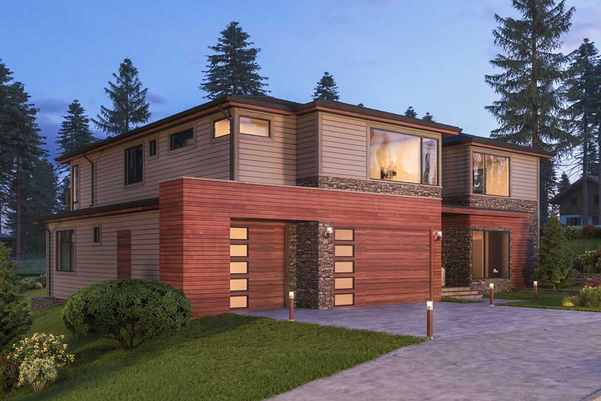 Modern two-story house plan exterior with wood siding, stone accents, and a dual garage with wood doors and frosted glass panels.