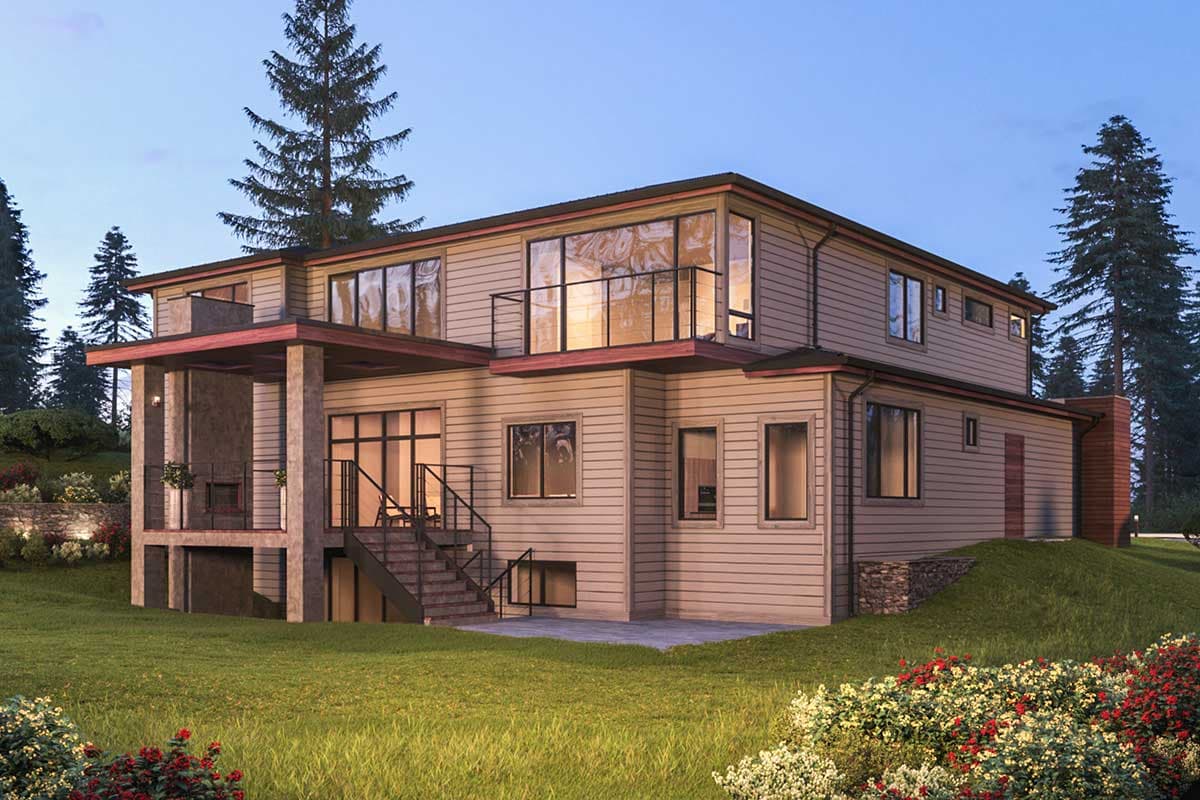 House plan exterior with a Modern style, two stories, covered porch, large windows, and balcony.