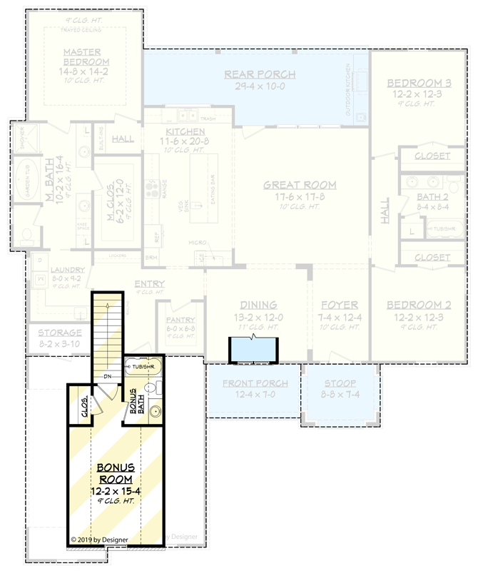 Plan 51799HZ: New American House Plan with Classic Painted Brick Exterior - 2165 Sq Ft - Floor Plan - Optionally Finished Bonus Over Garage - Country, Farmhouse, Southern, Traditional