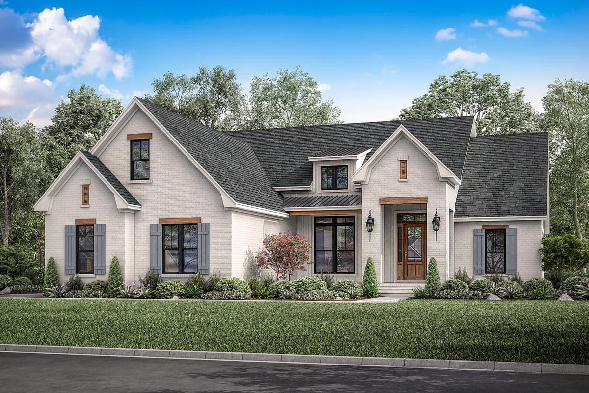 House plan exterior rendering. Modern Farmhouse style with brick exterior, multiple gables, dormers, and a covered front entry.