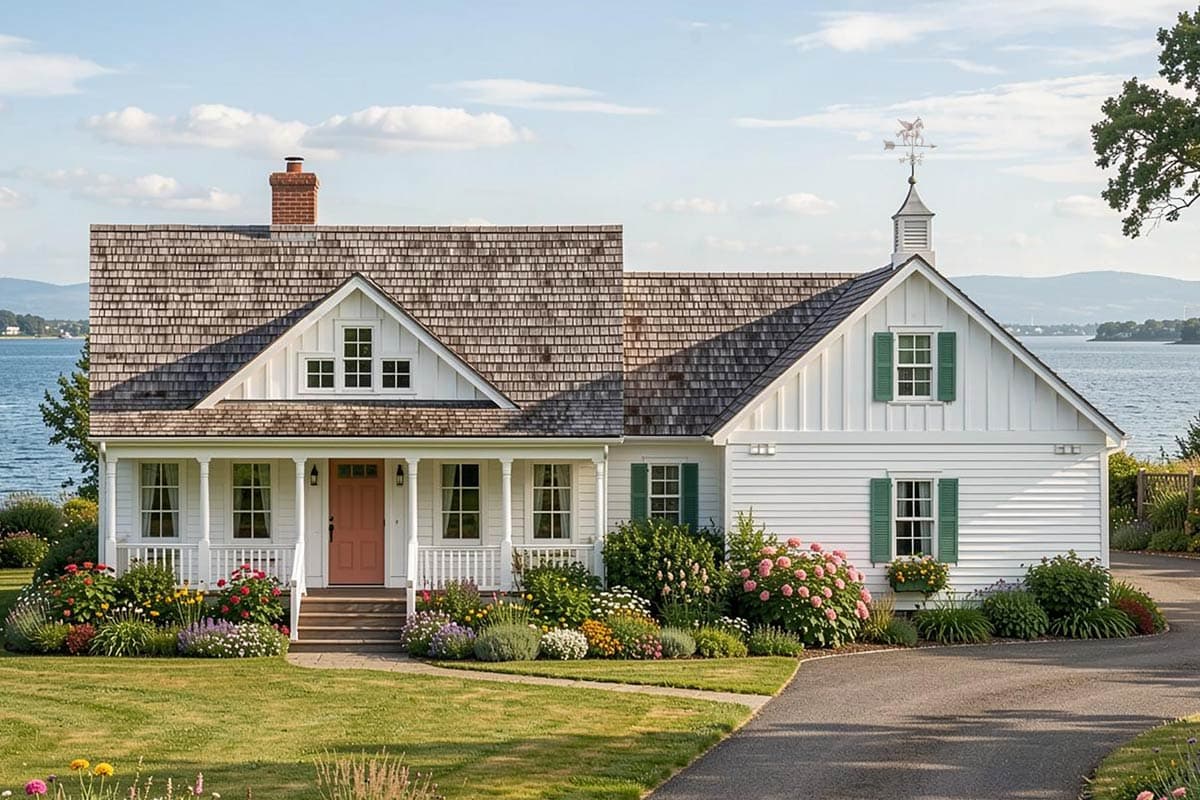 A charming two-story house with a porch and shutters. Lush landscaping features flowers and a stone and wooden fence leading up to the house.