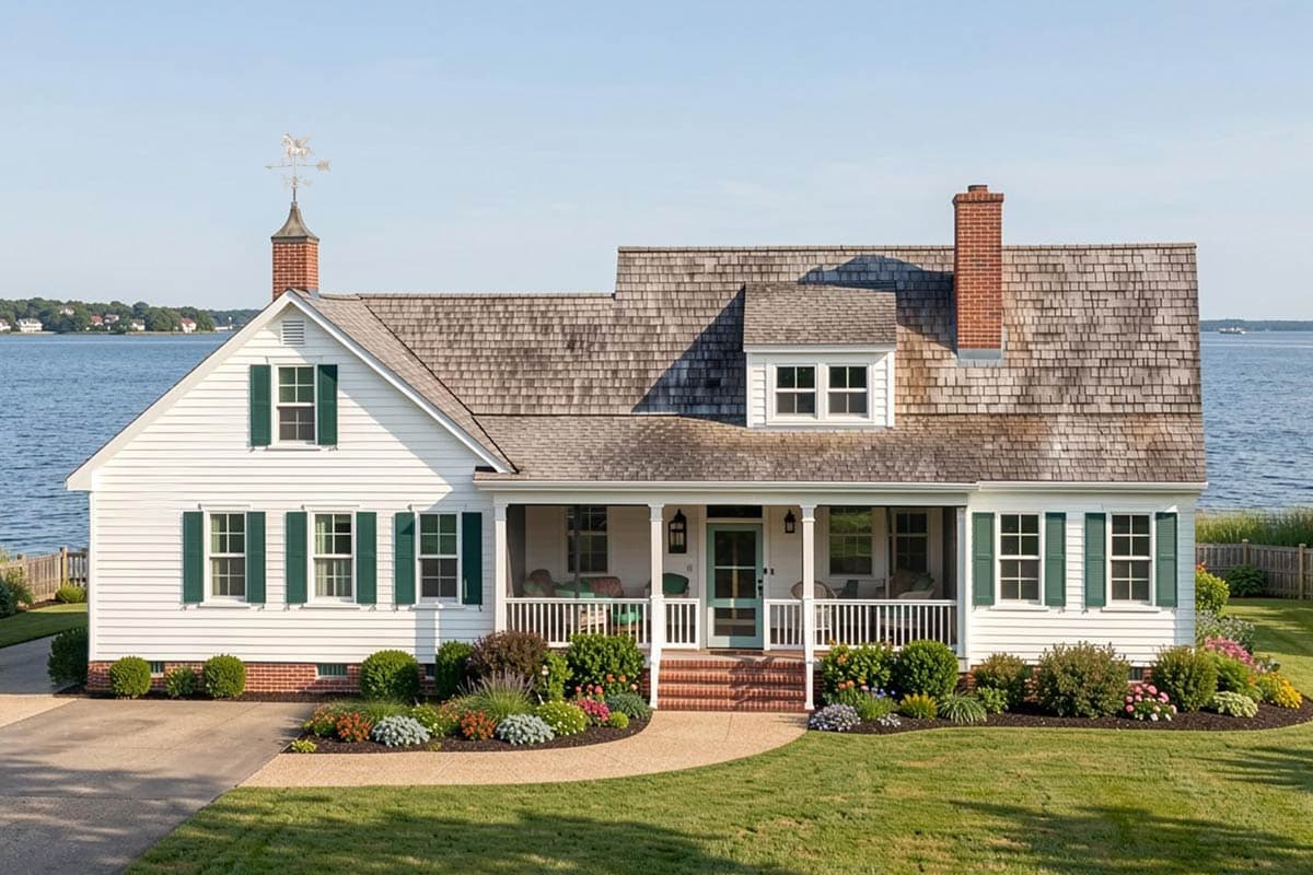 House plan exterior, two stories, porch with columns, gabled dormer, and roofline detail.