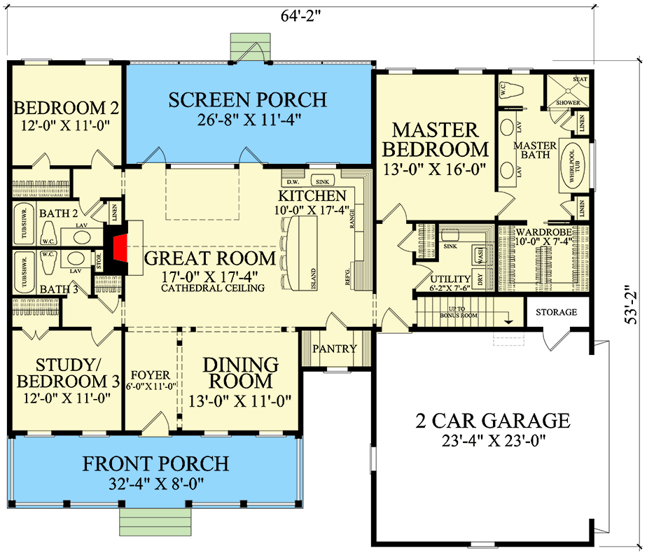 Plan 32664WP: One-Level Cottage with Split Beds - 1903 Sq Ft - Floor Plan - Main Level - Cottage, Country, Craftsman, Farmhouse, Southern, Traditional