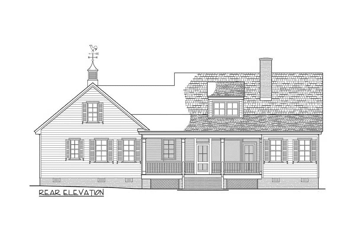 Rear elevation drawing of a house plan featuring a prominent roofline, dormer, chimney, and covered porch with columns.