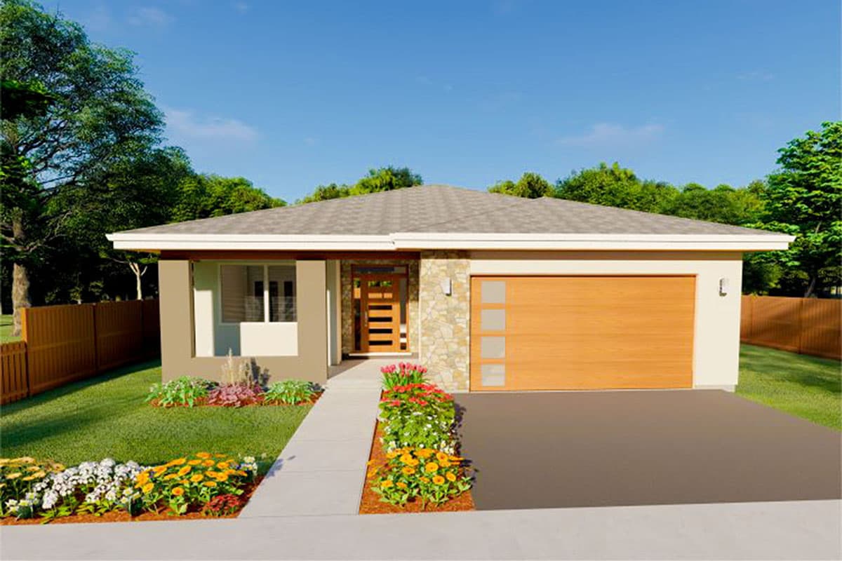 House plan exterior. Single-story, modern style home with a flat roof, stone facade accent, and attached garage. Includes a walkway and landscaping.
