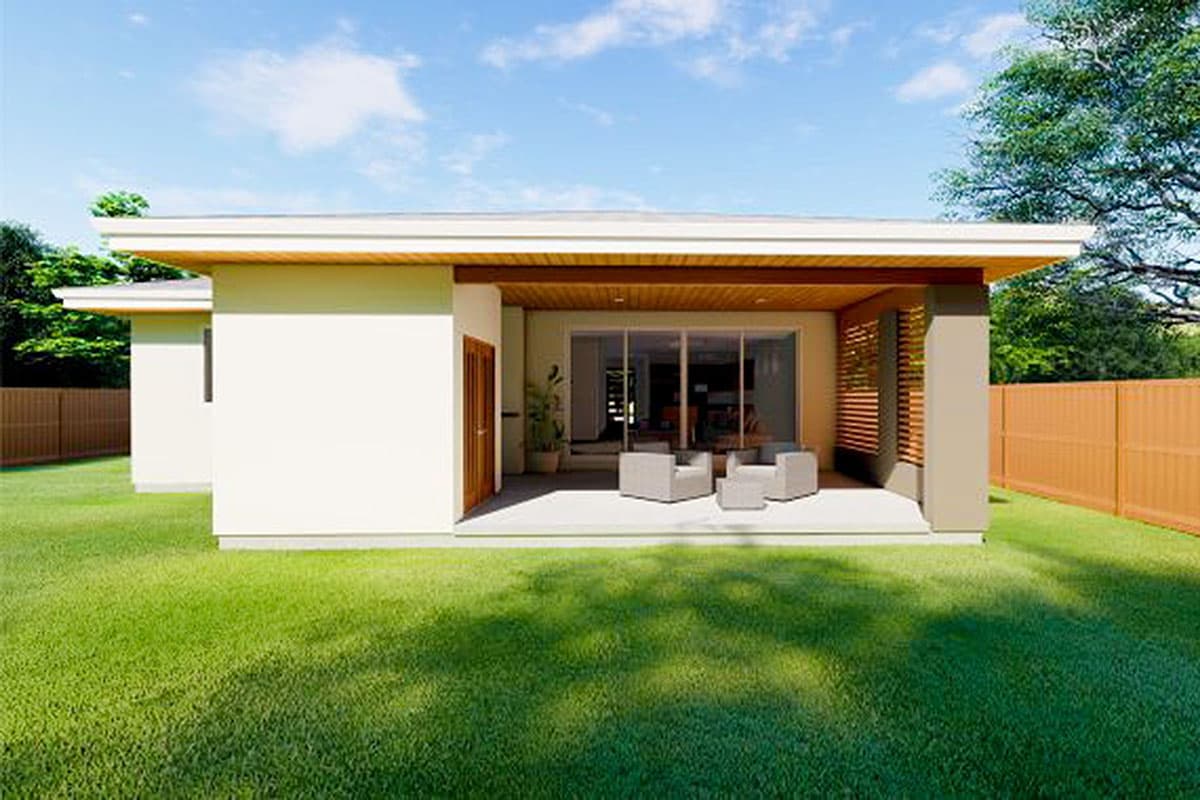 One-story house plan exterior with a covered patio, sliding glass doors, and a flat roofline.