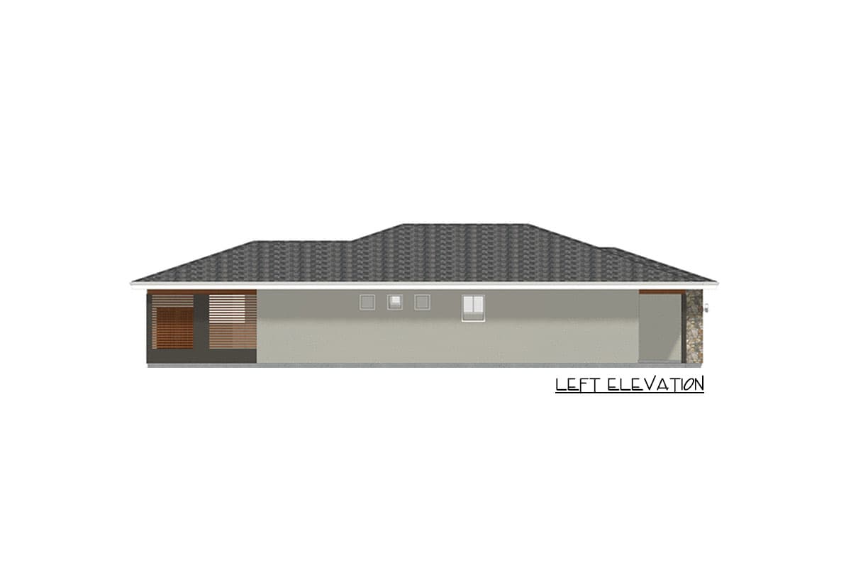 Left elevation house plan: single story with sloped roof, covered patio, and garage entry with stone accents.