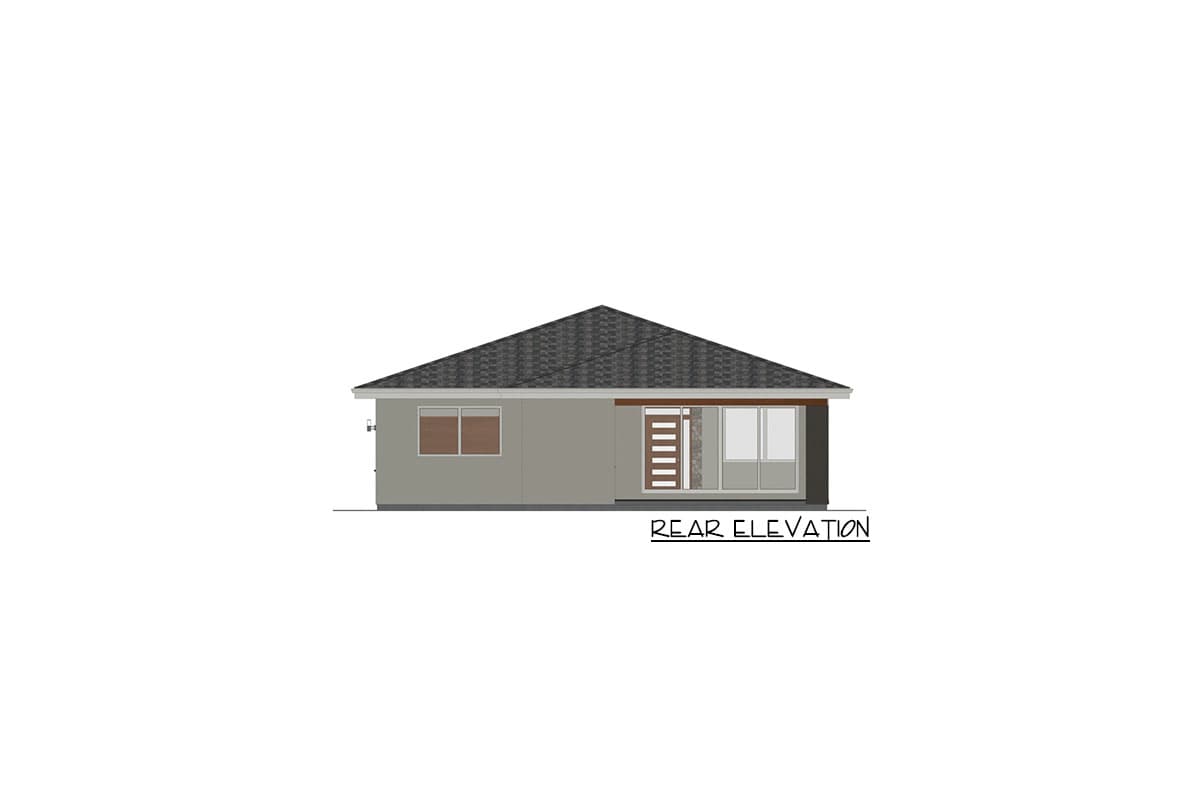 Rear elevation house plan: single-story, hip roof, two windows, and modern door with sidelights.