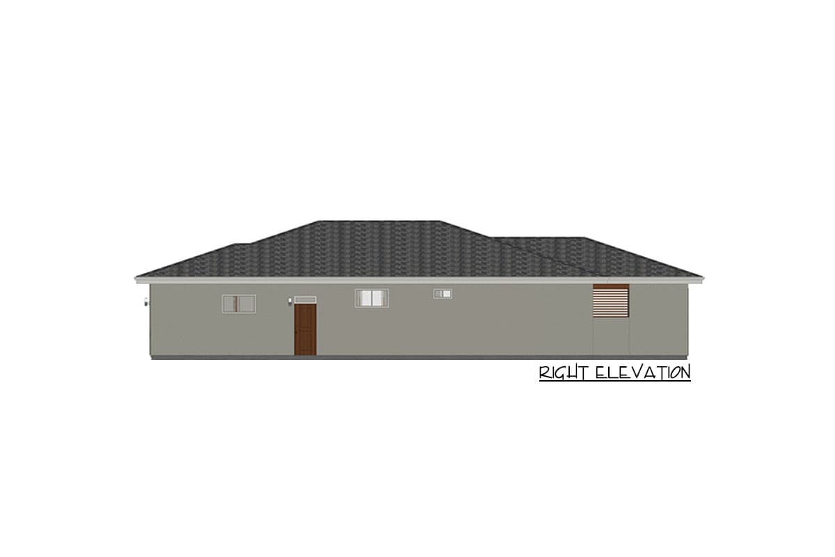 Right elevation of a single-story house plan with a dark pitched roof, brown door, and multiple windows.