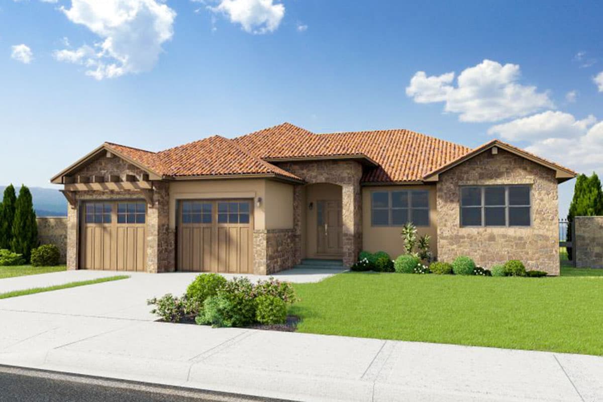 House plan exterior featuring a one-story, Mediterranean-style design with a tile roof, stone accents, and a two-car garage.