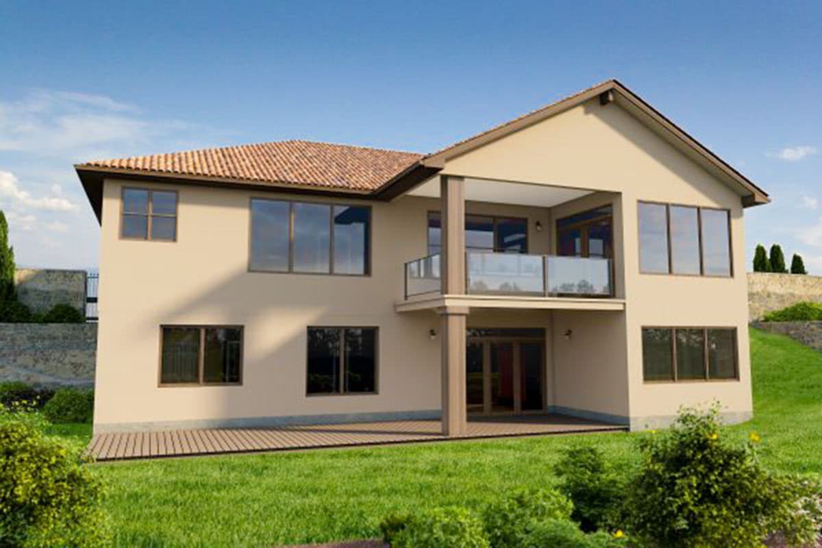Two-story house plan exterior with tile roof, upper balcony with glass railing, large windows, and wooden deck.