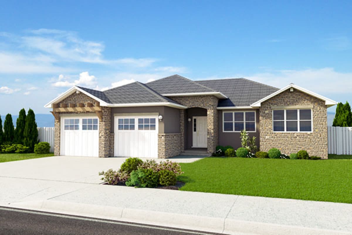 House plan exterior: Ranch-style, one-story home with stone accents, a dual garage, and a covered entry.