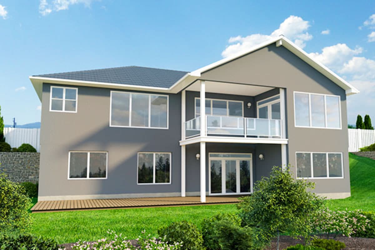 Modern two-story house plan exterior with a prominent upper balcony featuring glass railings, large windows, and a pitched roof.