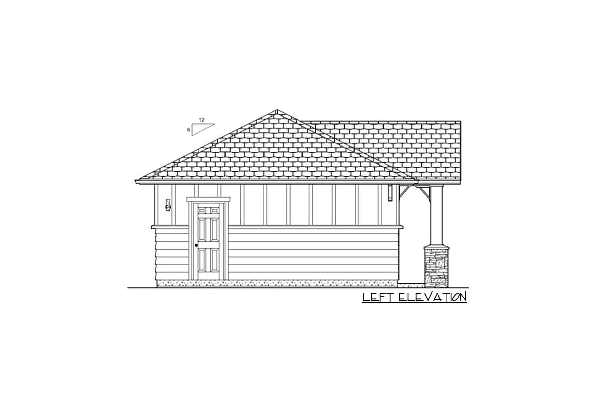Left elevation drawing of a single-story house with a hip roof, front door, screened porch, and stone-clad support column.