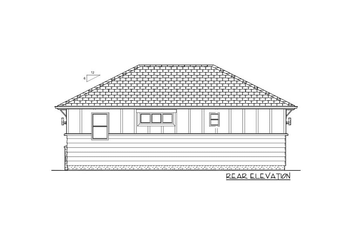 Rear elevation drawing of a single-story house with a hipped roof, horizontal siding, and multiple windows.