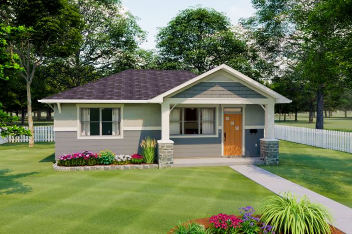 House plan exterior. Craftsman style, single story home with gabled roof, front porch with columns, and decorative trim details.
