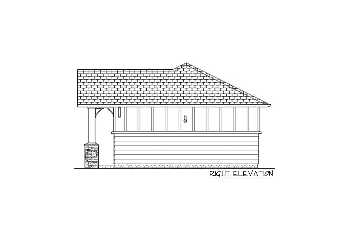 Right elevation of a house plan showing a stone-clad column supporting a porch roof over horizontal siding.
