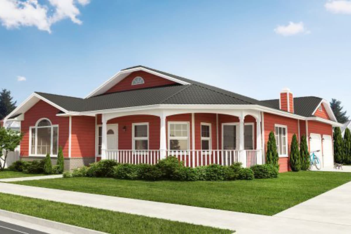 House plan exterior. Ranch style with a covered porch, gable roof, and attached garage. Includes a chimney.