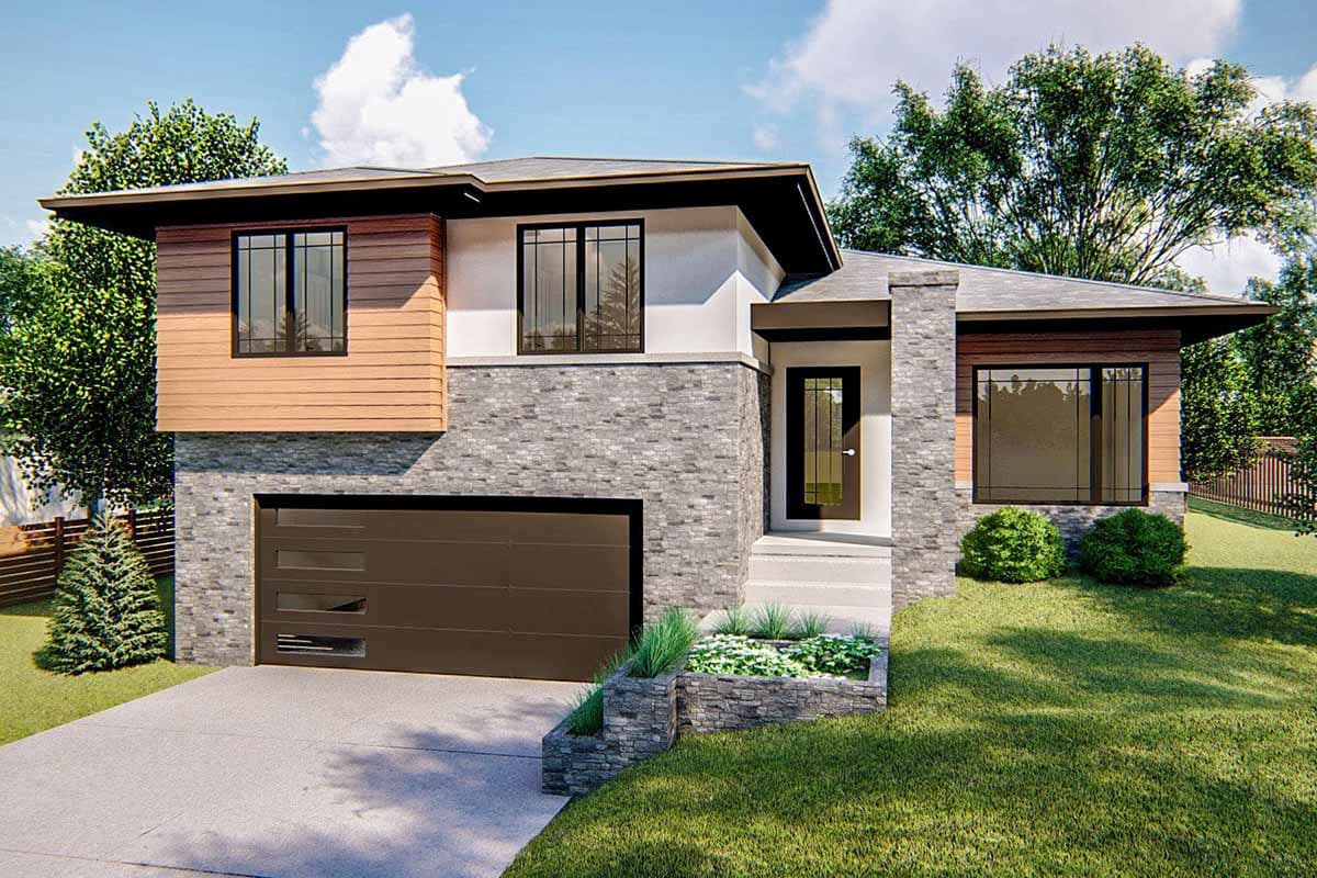 House plan exterior with modern design. Features include a two-story layout, a flat roof, stone and wood siding, and an attached garage.