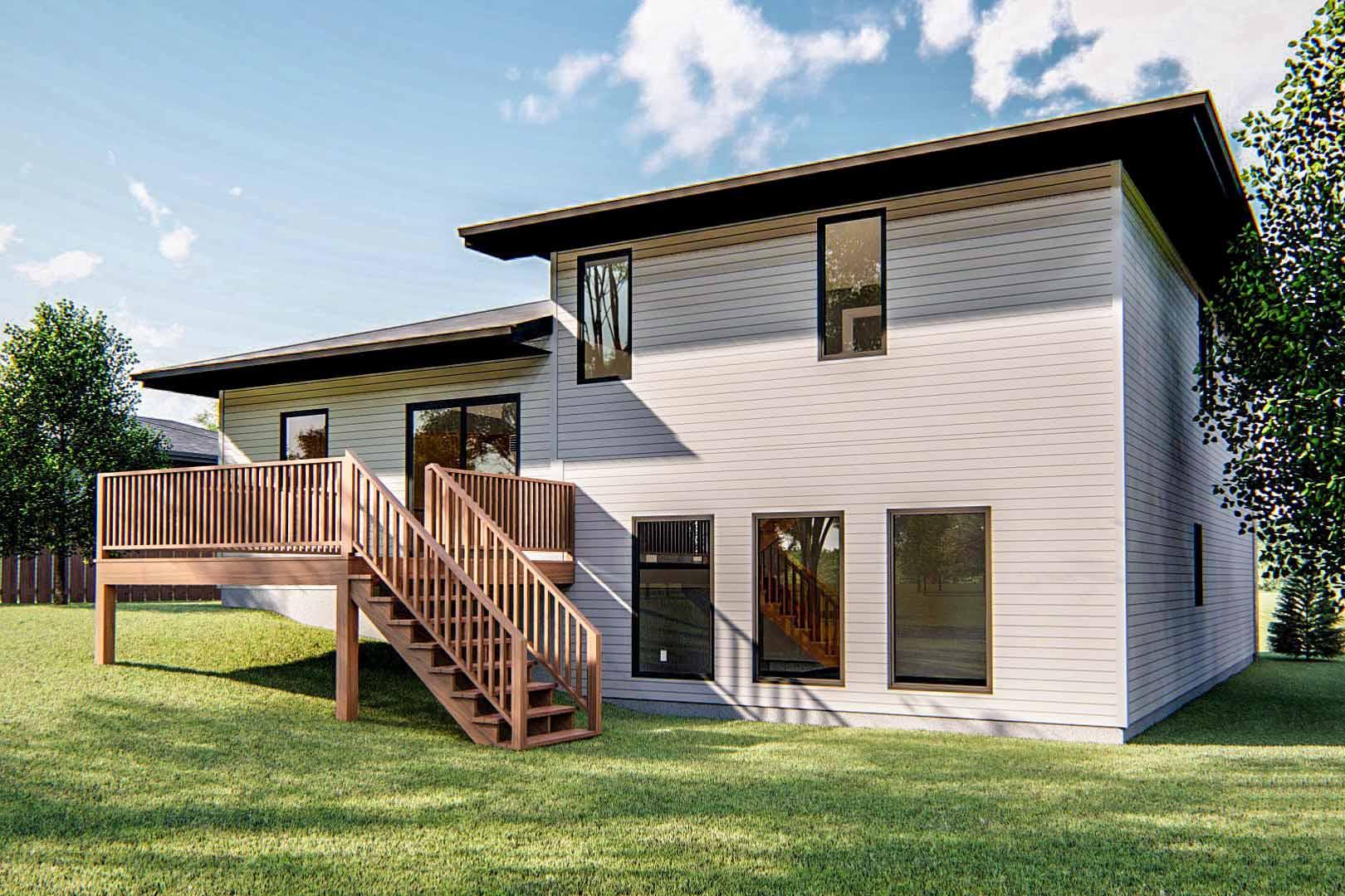 Modern house plan exterior with light gray siding, a dark overhang roof, large windows, and a wooden deck with stairs.