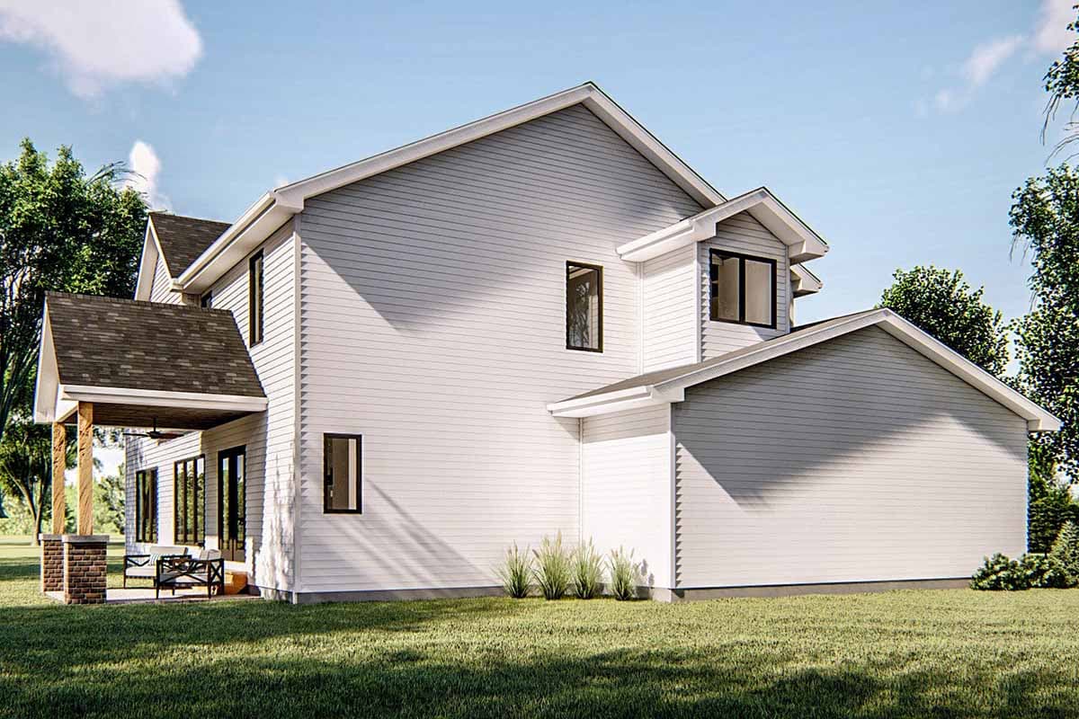 House plan exterior: Two-story home with horizontal siding, gables, dormer, and covered rear porch.