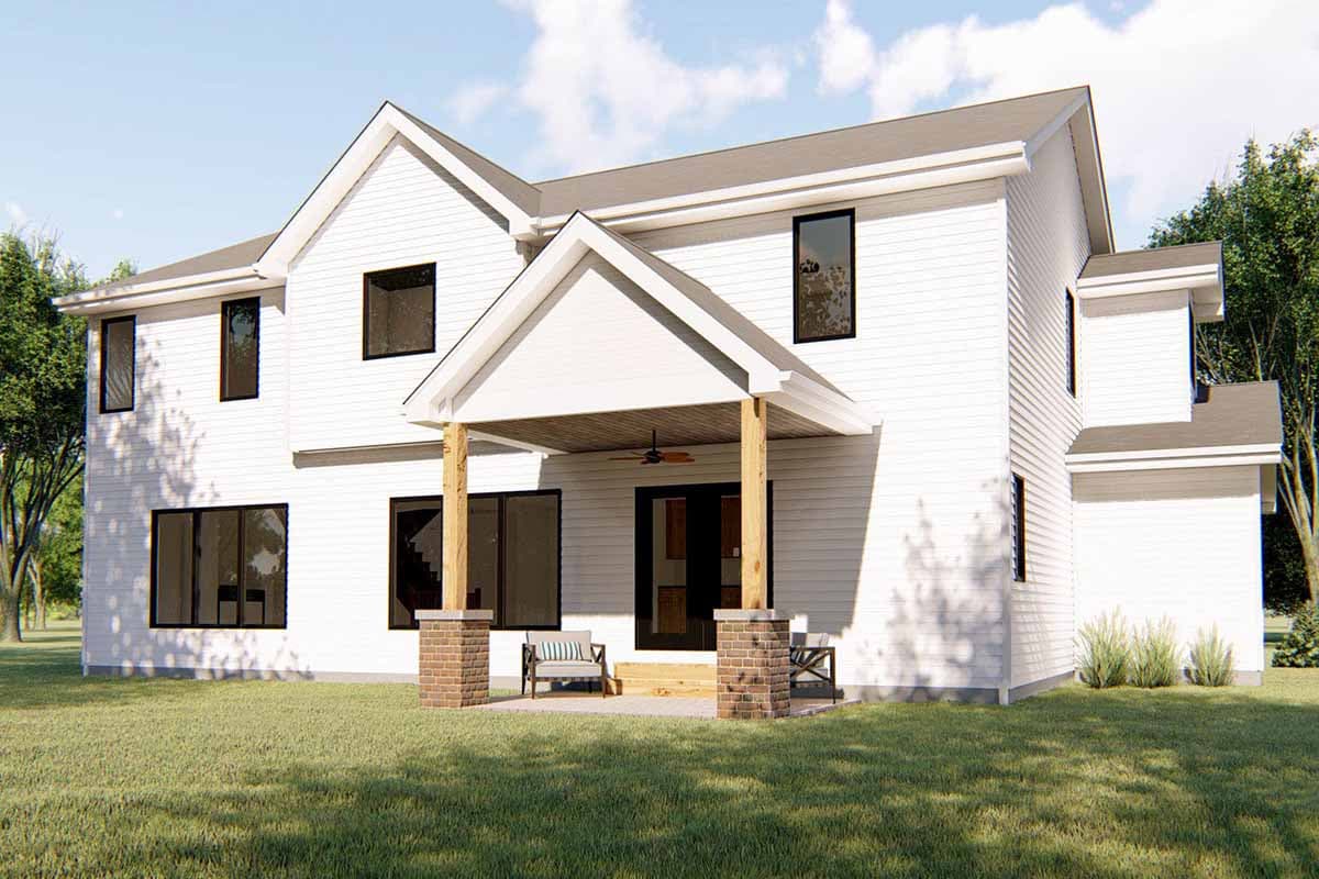Modern Farmhouse house plan exterior, two stories, white siding, covered porch with wood beams and brick supports, multiple gables.