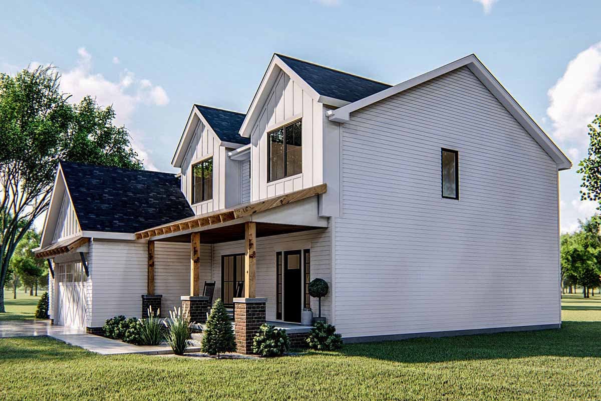 House plan exterior: Modern Farmhouse style, two stories, with a covered porch, gables, and a side-entry garage.